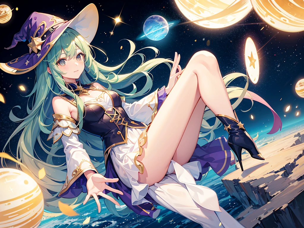 Highest quality, High resolution, One girl, Fairy, Witch Hat, Floating in space, Energy sphere, Particles of light, Shiny Hair, Shining Star, Fantasy,