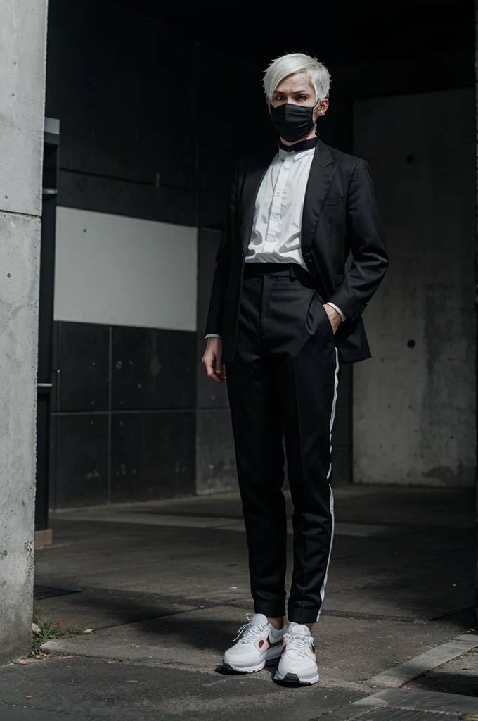 A scary masked anime with short white hair wearing a black aislane suit wearing black trousers and black and white Nike shoes
