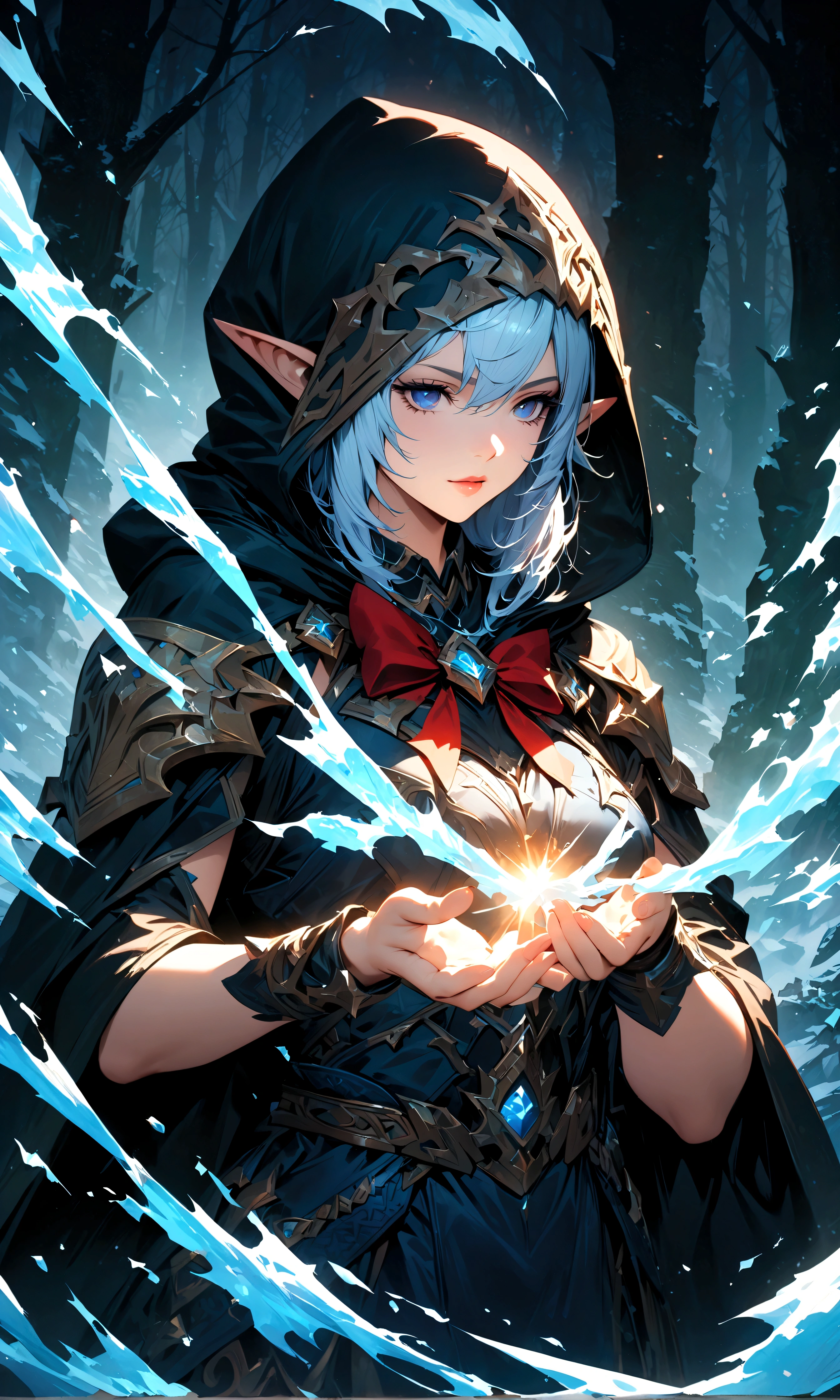 (Ashe: the Frost Archer,Characters appearing in League of Legends,female elf warrior with a bow),nordic forest background,black hooded cloak,BREAK,have a bow in hand,structurally correct,BREAK,(masterpiece:1.3),(highest quality:1.4),(ultra detailed:1.5),High resolution,extremely detailed,unity 8k wallpaper