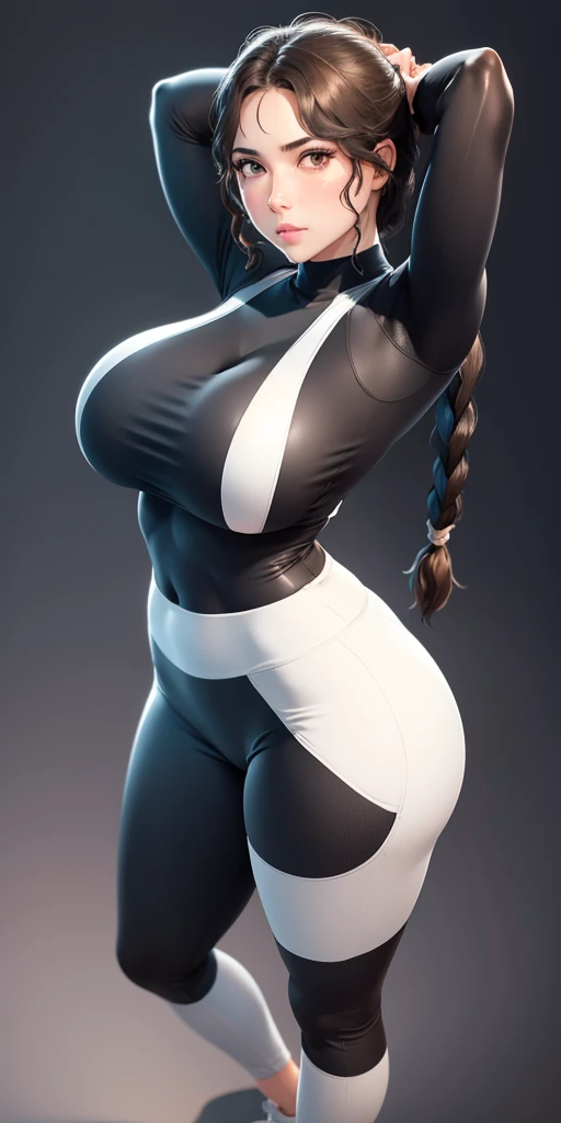 (（（Perfect body,White and tender skin,（（（Black yoga suit, long sleeved yoga suit, yoga pants，White sneakers）））,（（（brown eyes, braid, long hair, braided ponytail, single braid, hair over shoulder, bangs, blush, lips）））,((masterpiece)),highres,((Best quality at best)),masterpiece,quality,Best quality,(（（ Exquisite facial features,Looking at the audience,There is light in the eyes,(（（frown，blush））），whole body，Standing）））,（（（Light and shadow,Huge breasts,）））,（（（Looking at the camera,White background)））)