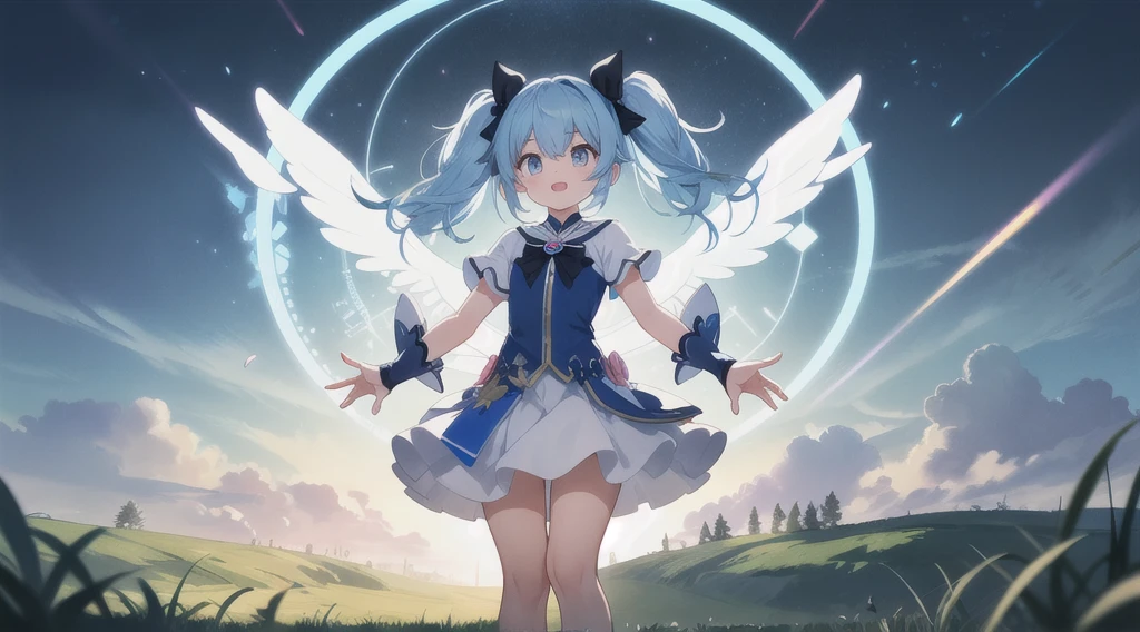 Masterpiece,high quality,high resolution,Detailed Background,Lens flare,Blue Hair, Twin tails, Hair between the eyes, 紫のhair bow, eyebrows visible through hair,Magical Girl Clothes,1girl,Floating in the sky,grassland,Are standing,whole body,magic circle