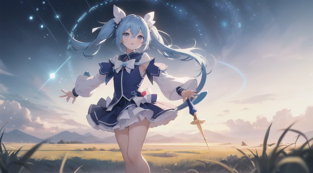 Masterpiece,high quality,high resolution,Detailed Background,Lens flare,Blue Hair, Twin tails, Hair between the eyes, 紫のhair bow, eyebrows visible through hair,Magical Girl Clothes,1girl,Floating in the sky,grassland,Are standing,whole body,magic circle