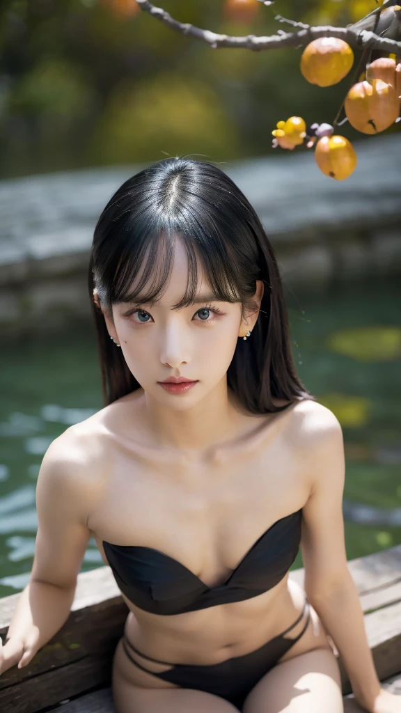 strapless, black thong, SMALL BREAST, sexy pose, model pose, earring, AUTUMN park, colorful trees, lakeside, sitting, moonlight, windy, hair flying, night, extremely detailed eyes, extremely detailed face, best quality, extremely detailed, one person, one girl, ultra-detailed, (realistic, photo-realistic:1.3)
