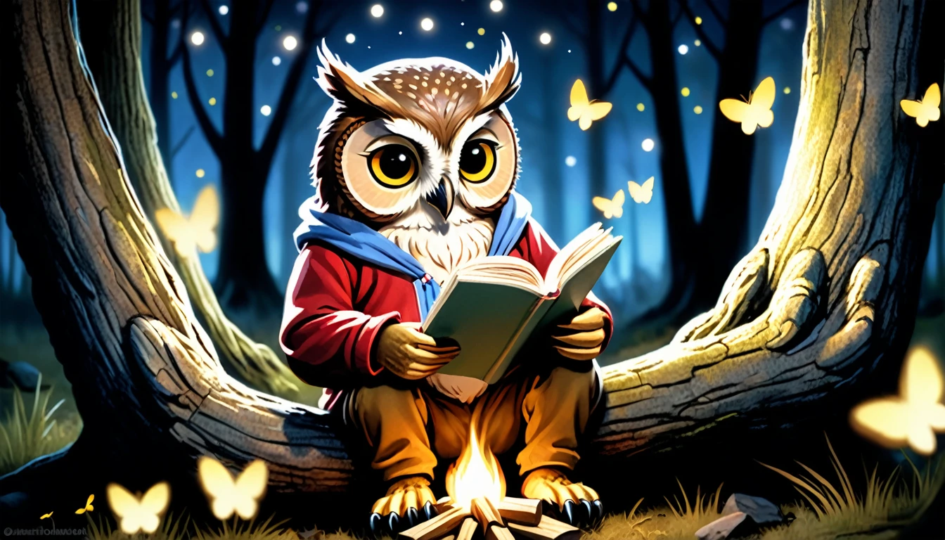 (photo film style), anthropomorphic, cute owl, reading a book, under the tree, quiet forest, night, glowing fireflies, wearing casual clothes, 2D, colorful, warm atmosphere, shiny, Jean-Baptiste Monge style, Alan Lee style