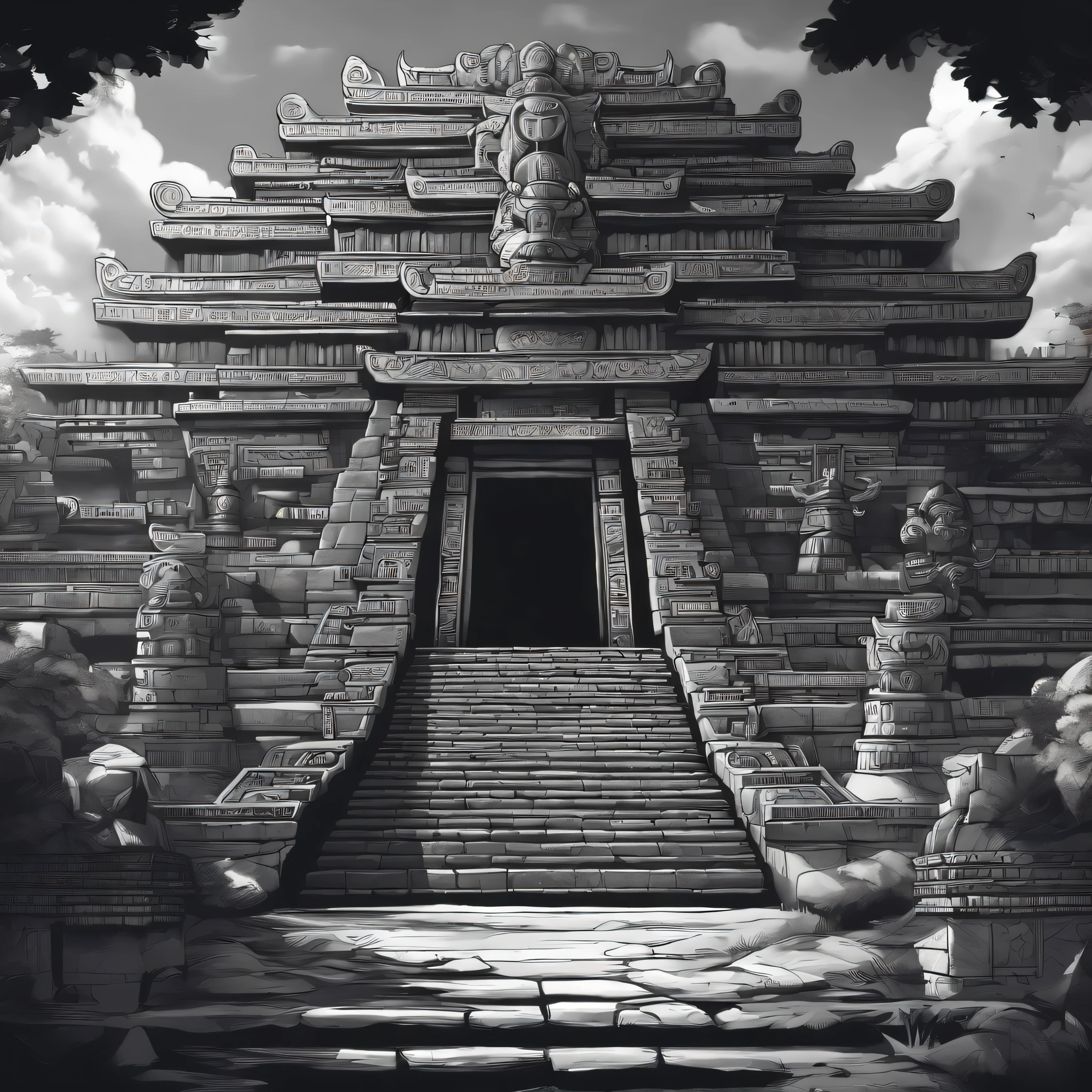 create a Mayan temple with dragons and on the door a sign in anime manga style white and black 