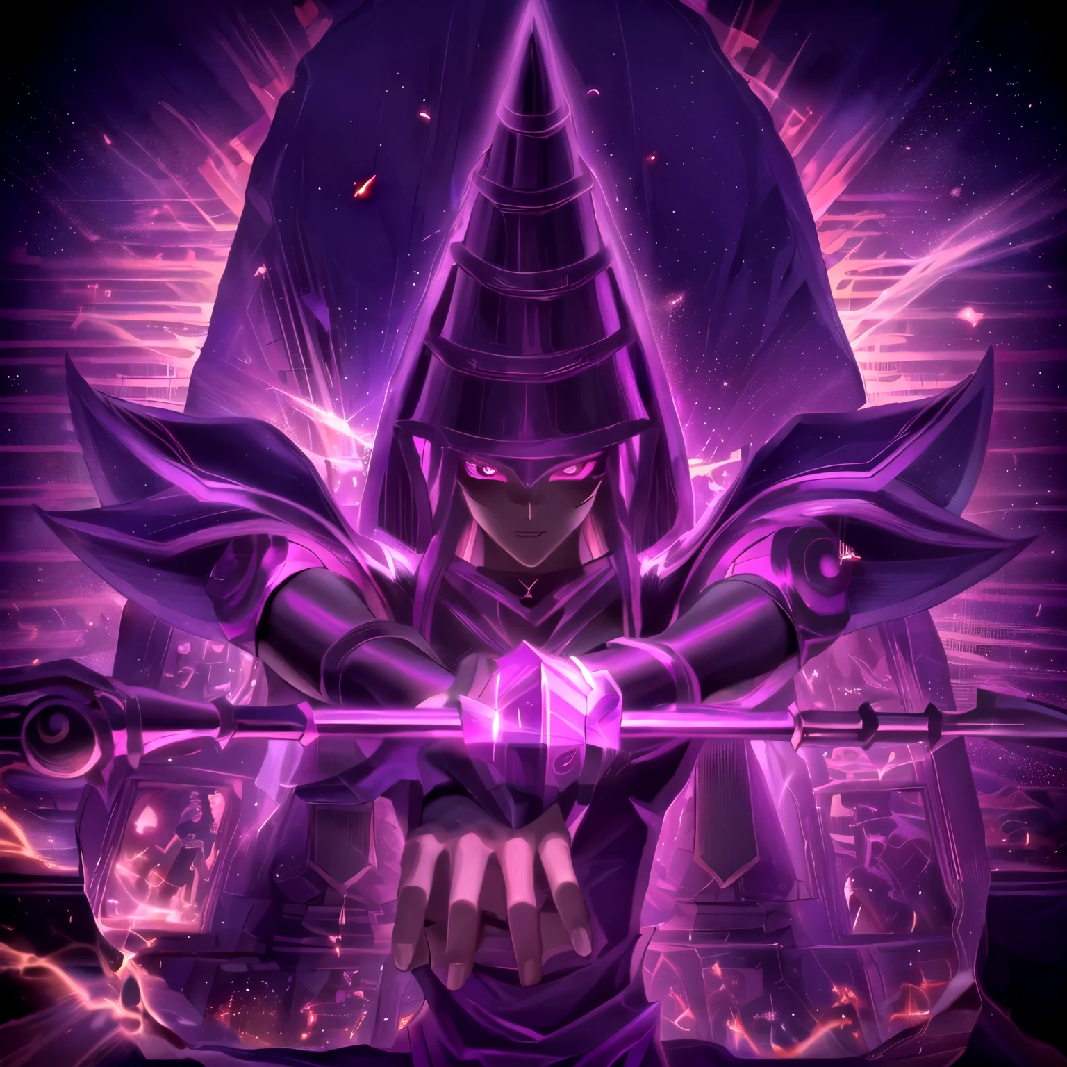 A closeup of a person holding a sword in front of a purple background, obra de arte de Yugioh, estilo artístico Yugioh, estilo Yugioh, Yugioh, dark magician girl from yu-gi-oh, Yugioh card, warlock submerges, legendary god holding spear, beautiful dark magician girl, dmt ego death, THOTH