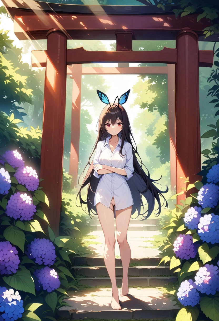masterpiece, best quality, very aesthetic, absurdres, newest,1girl,naked_shirt, pussy_hair, ,kuroyukihime, accel_world, 1girl, antennae, black_hair, long_hair, very_long_hair, red_eyes, butterfly_wings, insect_wings, wings, hair_ornament,,,Wallpaper Fusion, dappled sunlight, day, flower, hydrangea, leaf, light rays, nature, outdoors, path, plant, purple flower, scenery, stairs, sunlight, torii, tree, wisteria