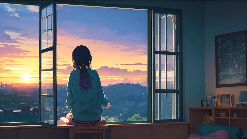 アニメ girl sitting on floor looking out window at city, アニメ aesthetic, アニメ vibes, lofi artstyle, Lo-fi portrait by the window, Watching the Sunset. アニメ, Lofty Girl, アニメ art wallpaper 4 k, アニメ art wallpaper 4k, アニメ art wallpaper 8 k, アニメ background art, Lofi Color, Lofi Art, アニメ asthetic,masterpiece, Highest quality, Rainbow Style, アニメ, Beautiful Asian Girl, Along the Hawaiian Coast, Cute and dreamy,アニメ,Illustrator,LOFI Girl, Blues,landscape,Sunset, night、Girl listening to music in a cozy room, Use headphones, 2D Style Anime, Rain outside the window、Analog Color Theme、Ghibli style