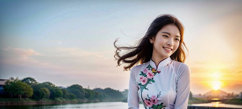 (1 beautiful Chinese lady, age 22, wearing Vietnamese traditional dress blue Ao Dai, magnificent Sunset at Vietnam's Mekong River, kind expression, dimpled smile, cute snaggle-tooth, beautiful detailed face, beautiful detailed eyes, ample round bosom, photorealistic, hyper-realism, high contrast, ultra HD, realistic skin textures, top image quality, top-quality, super high resolution, fine details, very meticulously, masterpiece, head to knees, the cowboy shot, soothing atmosphere, misty background)