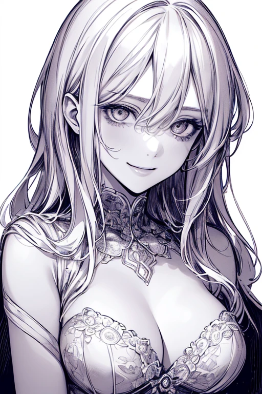 Best Quality, (Background Duplicate), High Contrast, Super Beautiful Girl, Original Illustration Detail, Sensual, Delicate Face, Charming, Awesome Ambiance, Sexy, Real Breasts, Crazy Smile, Crazy Eyes, Looking At Camera, (White Background:1.5), Beautiful Line Art, Monochrome