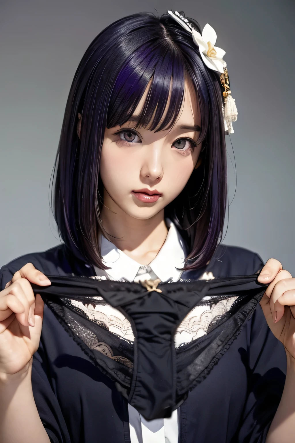 Very big black panties、Purple Hair、Bobcut、She is wearing a cross-shaped hair ornament、Face is close、Close face、Panties in front、Showing panties、Very big panties、Pretty big panties
