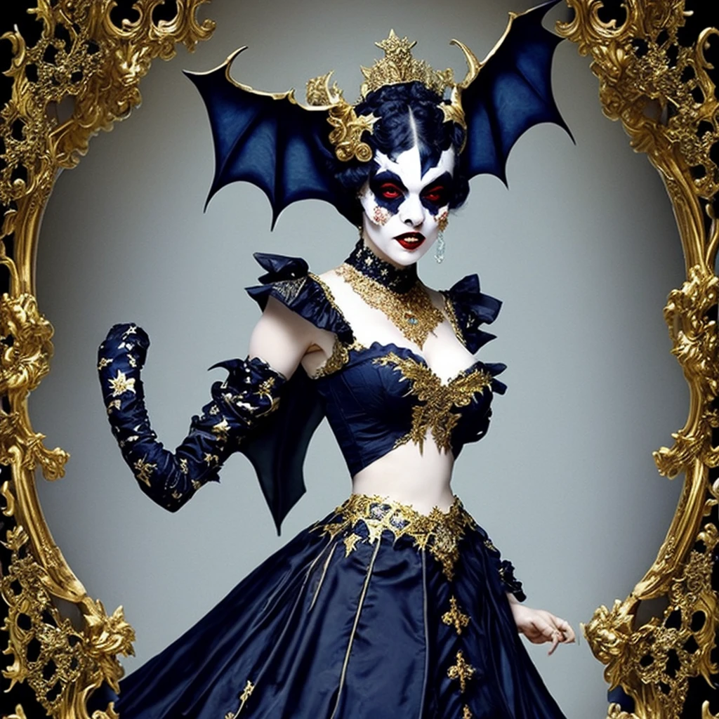 A bat monster lady, gothic rococo fashion, dark blue and white and gold, rococo underworld, terror horror gore