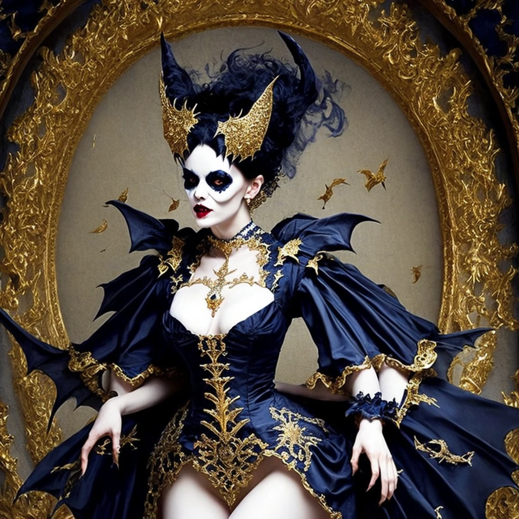 A bat monster lady, gothic rococo fashion, dark blue and white and gold, rococo underworld, terror horror gore