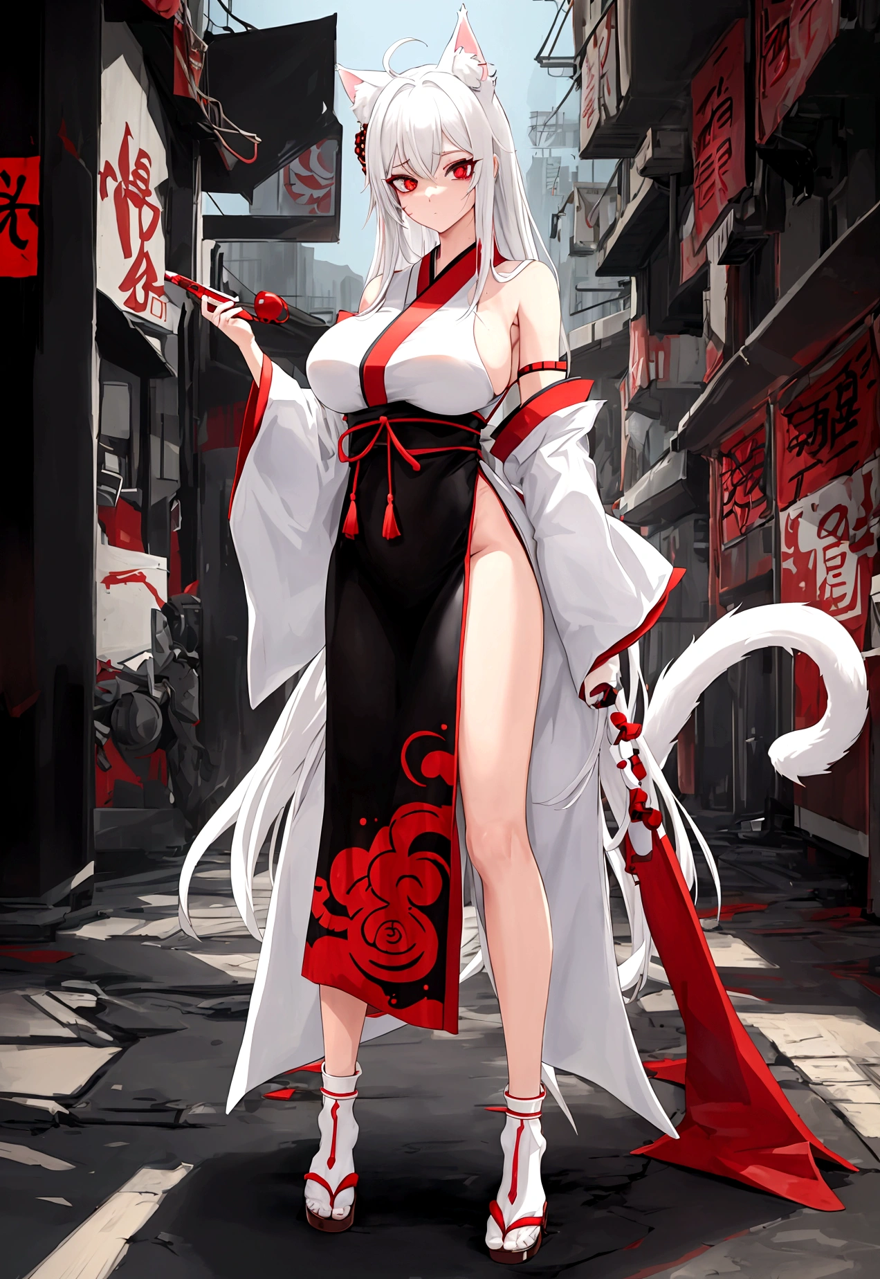 Make a full body character with 2D graphics based on current anime 4k-8k The character is 22 years old. Mature body with big breasts and curves. Eyes red, white cat ears, long white hair down to the ankles. Cat&#39;s furry tail. The outfit is a mix of traditional Japanese kimono, Qipao chines stylized in a cyberpunk way. The colors of the clothes are predominantly white with details of blood red and gold.. With sock 3/4 black and white, sandalhas ninja estilo cyberpunk.