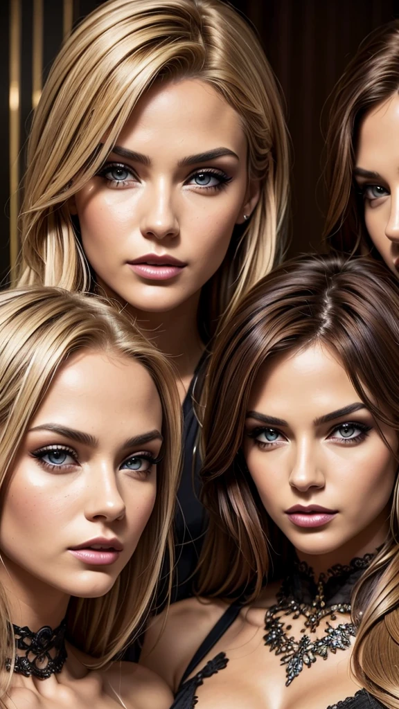 a realistic, photorealistic, photo-realistic(( 3 sexy girls, ))one with blonde hair, one with brunette hair, one with red hair, extremely detailed faces and expressions, realistic skin textures, intricate hair details, sharp focus, HDR, cinematic lighting, hyper-realistic, dramatic pose, cinematic composition, vivid colors