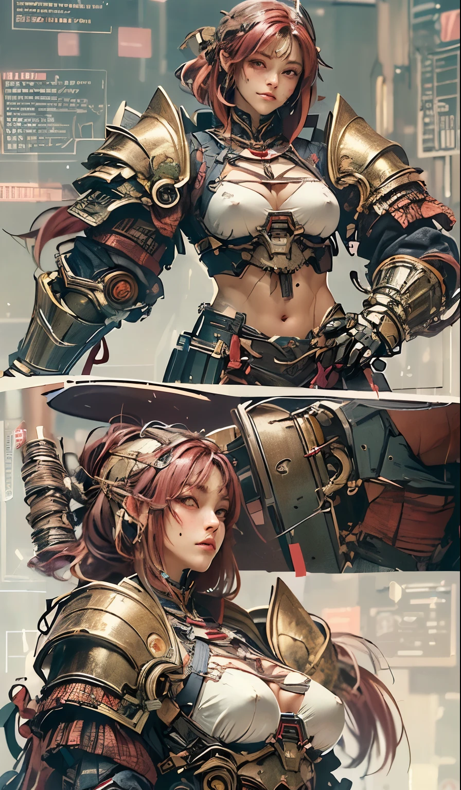 ((Highest quality)), ((masterpiece)), (detailed), 1 person,female,40 years old,Warrior,Bikini Armor,(((muscle))),(((Big Breasts))),Fantasy,Pauldrons,Gauntlets,Waist armor,Abandoned Factory,Large, thick armor covering the waist, wear armor around the waist,underboob,Shortcuts
