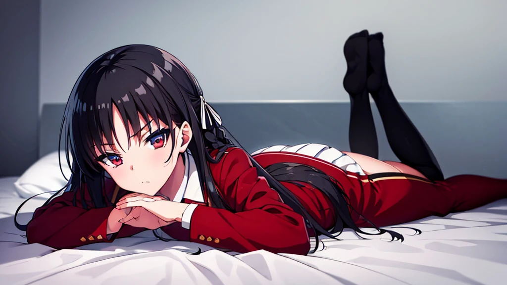 (masterpiece:1.3), (best quality:1.1), (8k, ultra detailed, ultra high res:1.2), ((anime style)), perfect 5 fingers, perfect anatomy, 1girl, 
BREAK long hair, braid, black hair, red eyes, (focus detailed eyes:1.2), blue bow, BREAK [medium breasts], red jacket, long sleeves, white skirt, pleated skirt, black thigh-high socks, looking at viewer, cowboy shot, BREAK (booty pose:1.2), (lie on the bed:1.5),