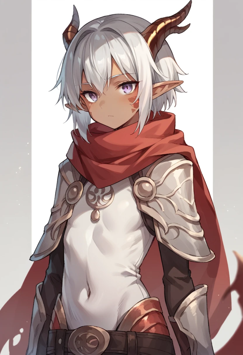 Small anime girl, dark skin, short silver hair, dragon-like gray eyes, elf ears, dragon-like horns with scales, wearing red scarf