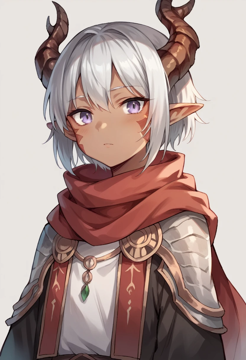 Small anime girl, dark skin, short silver hair, dragon-like gray eyes, elf ears, dragon-like horns with scales, wearing red scarf