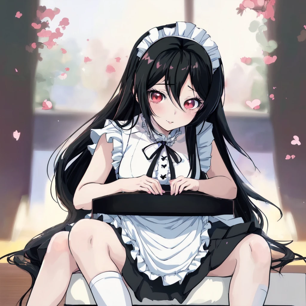 Anime Girl with long black hair sitting in a chair, seductive Anime Girl, Gu Weiss, Top rated on Pixiv, (Anime Girl), Anime Girl, artwork in the style of Gu Weiss, Anime style 4k, Gu Weiss on pixiv artstation, Gu Weiss on artstation pixiv, cute Anime Girl, Anime Grandma, attractive Anime Girl ， Maid costume