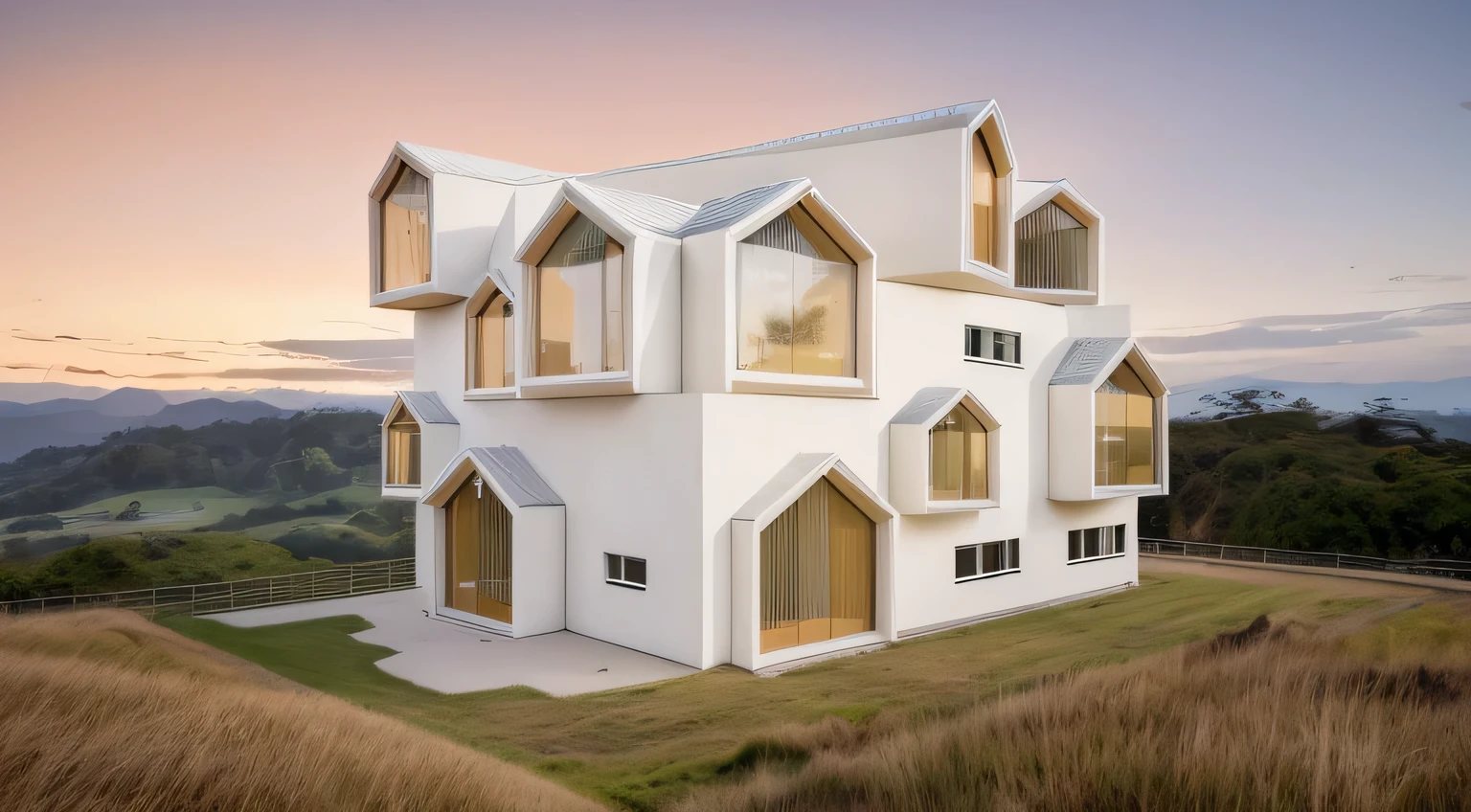 in the morning, sunrise, contemporary house exterior, beige and white mix together, glass door and window, large span balcony, on grassland, hillside, tropical landscape, masterpiece, high quality, ultra hd,