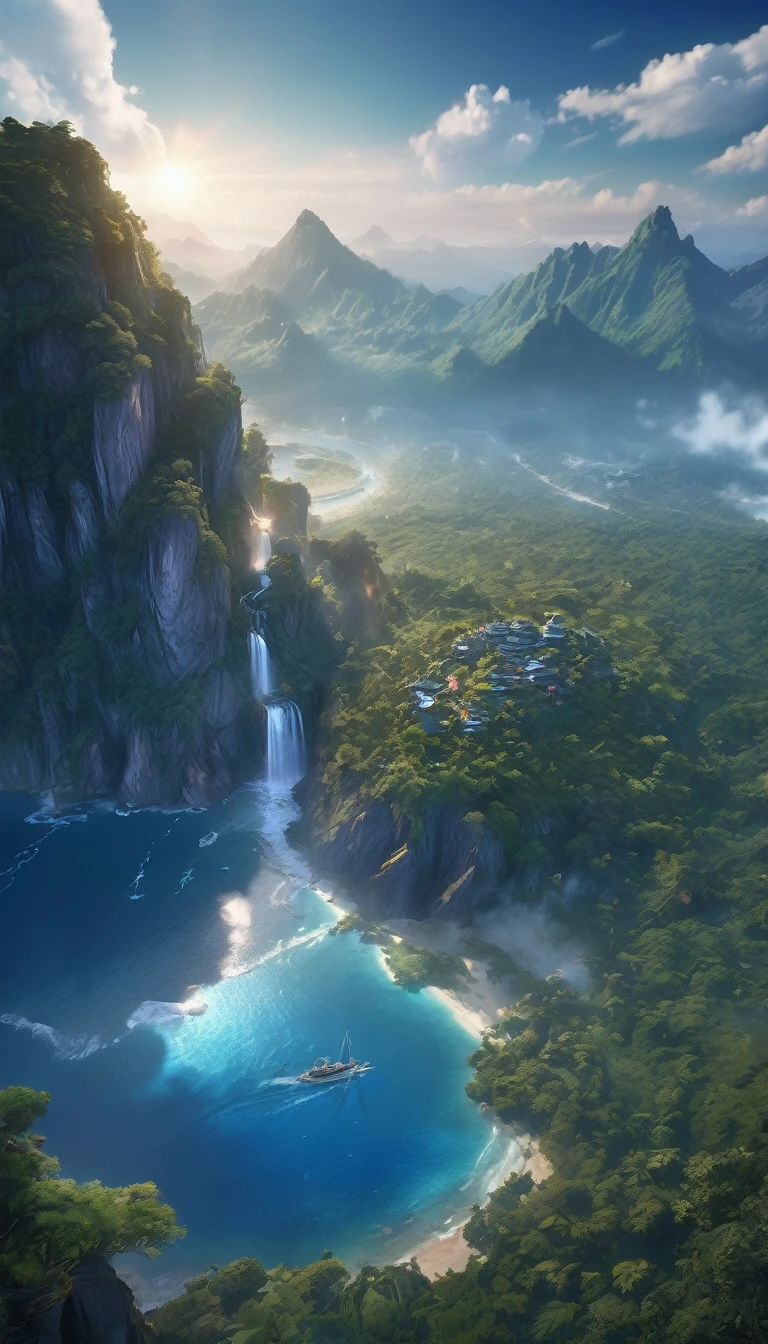 (masterpiece, best quality:1.2), (masterpiece, best quality:1.2), landscape, aerial perspective, Tropical mountains, landscape indigo accent, mythology, cinematic,detailed, Atmospheric,backlight,epic, cinematic, conceptual art, matte painting, Beautiful scenery, Realistic lighting, masterpiece, high quality, nice graphics, high detail, ultra detailed, cinematic lighting, high dynamic range, illustration, --v6