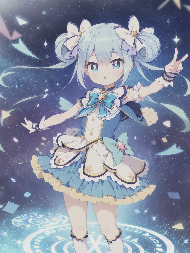 Masterpiece,high quality,high resolution,Detailed Background,Lens flare,Blue Hair, Twin tails, Hair between the eyes, 紫のhair bow, eyebrows visible through hair,Magical Girl Clothes,1girl,Floating in the sky,grassland,Are standing,whole body,magic circle