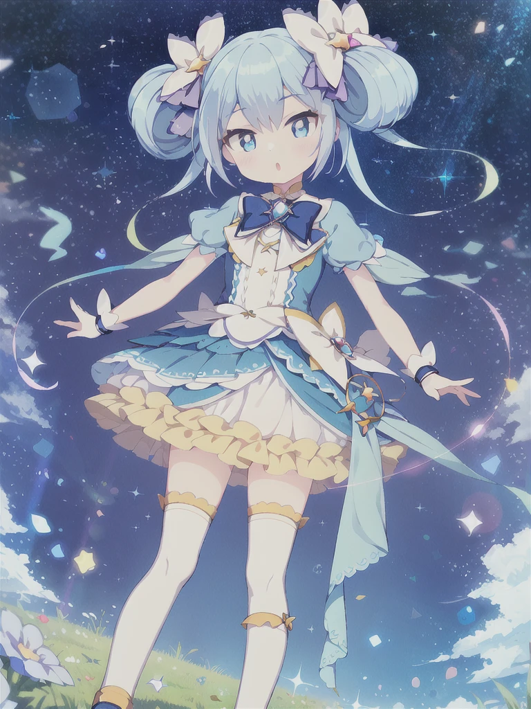 Masterpiece,high quality,high resolution,Detailed Background,Lens flare,Blue Hair, Twin tails, Hair between the eyes, 紫のhair bow, eyebrows visible through hair,Magical Girl Clothes,1girl,Floating in the sky,grassland,Are standing,whole body,magic circle