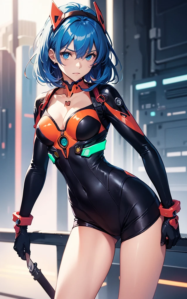 (((Adult Woman))), ((Best Quality)), ((masutepiece)), Genesis evangelion neon style clothing, bobhair, Perfect proportions, Crysisnanosuit, Blue hair, Blue eyes, Hyper Realistic