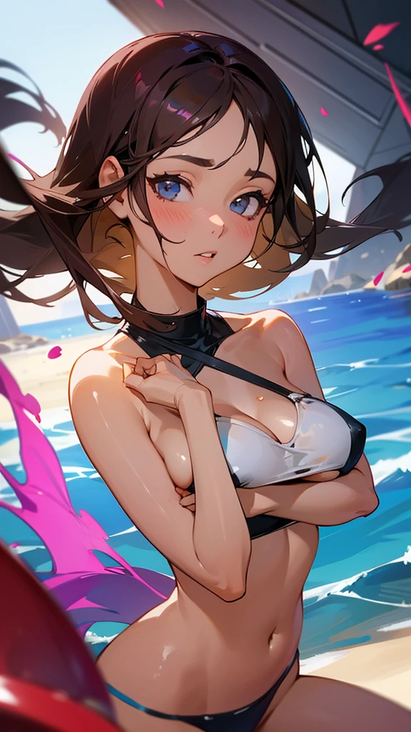 A girl in a tight bikini on her breasts, the girl has her face and breasts soaked with a