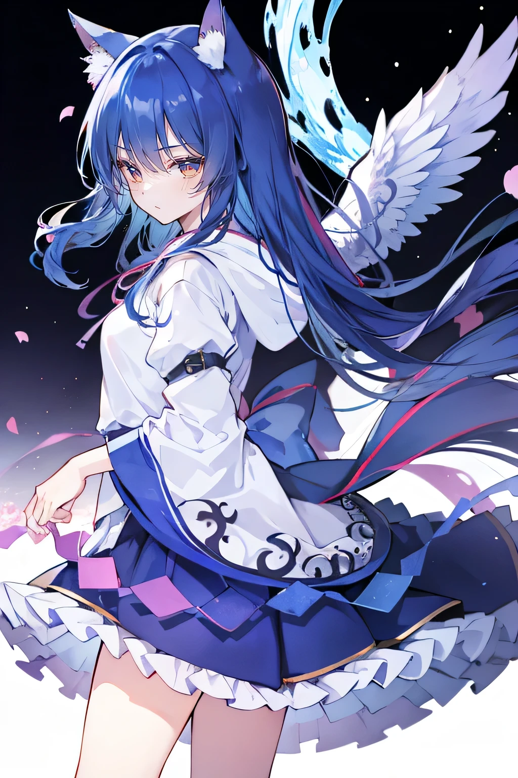 （masterpiece：1.2），Super detailed，lifelike，Expressive eyes，fair skin，perfect face shape，1 girl，
Japanese comics,Gorgeous blue hair,flowing blue hair,flowing clothes,Cat ears,Petals fall,beautiful lola,Baby Angel,
Shaking head with one hand，Cross your legs，Gentle and peaceful background，The pavilion is cool and comfortable,smile, wearing hoodie, background of tokyo,back views,snowing, winter,Angel Wings。