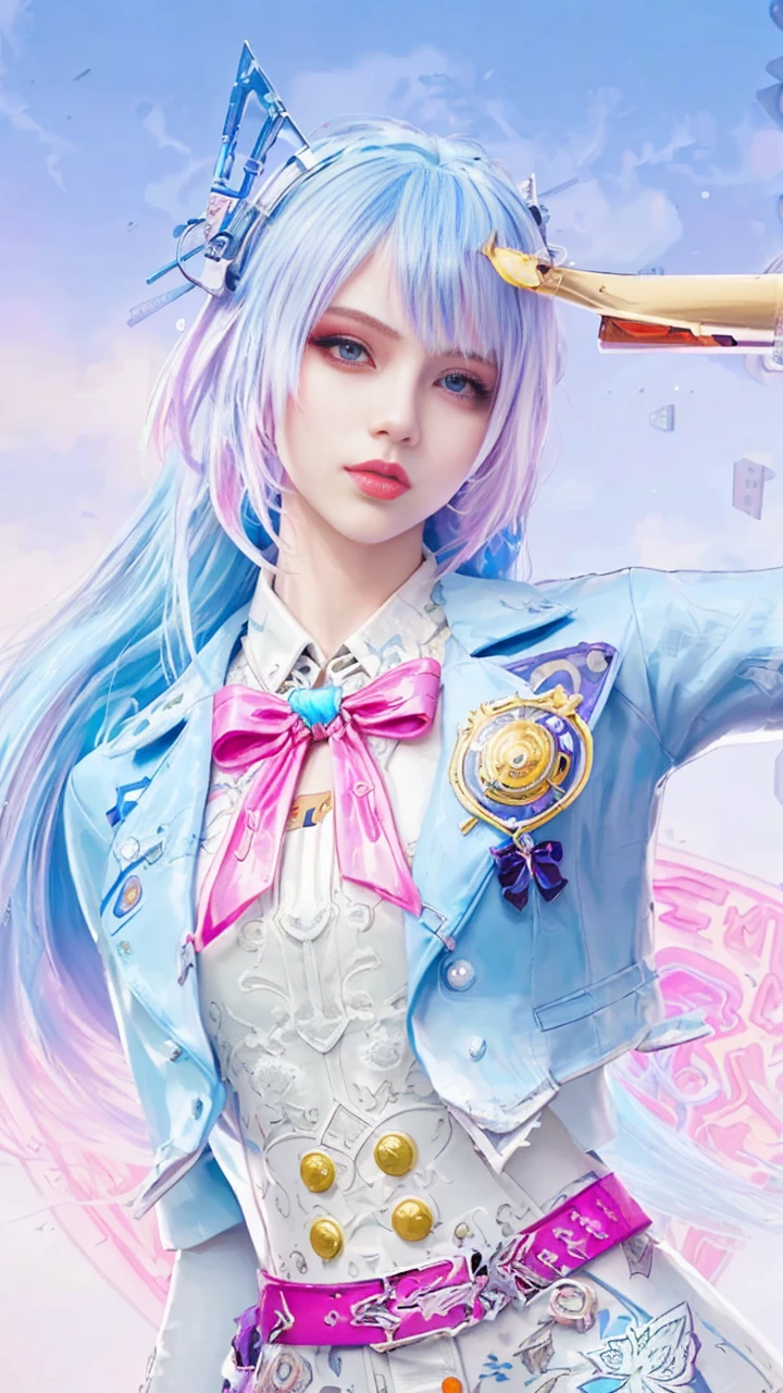 masterpiece, best quality, Confident cyberpunk girl, full body shot, ((standing in front of motorcycle)), Harajuku-inspired pop outfit, bold colors and patterns, eye-catching accessories, trendy and innovative hairstyle, vibrant makeup, Cyberpunk dazzling cityscape, skyscrapers, neon signs, LED lights, bright and vivid color scheme, anime, illustration, detailed skin texture, detailed cloth texture, beautiful detailed face, intricate details, ultra detailed.