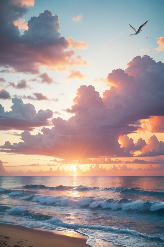 An absolutely mesmerizing sunset over the beach, with a blend of oranges, pinks, and yellows filling the sky. Crystal-clear waters of the sea gently kissing the shore, with sandy white beach stretching far and wide. The scene is dynamic and breathtaking, with seagulls soaring high in the sky and gently swaying palm trees. Take in the calming atmosphere and let the peacefulness wash over you.
INFO