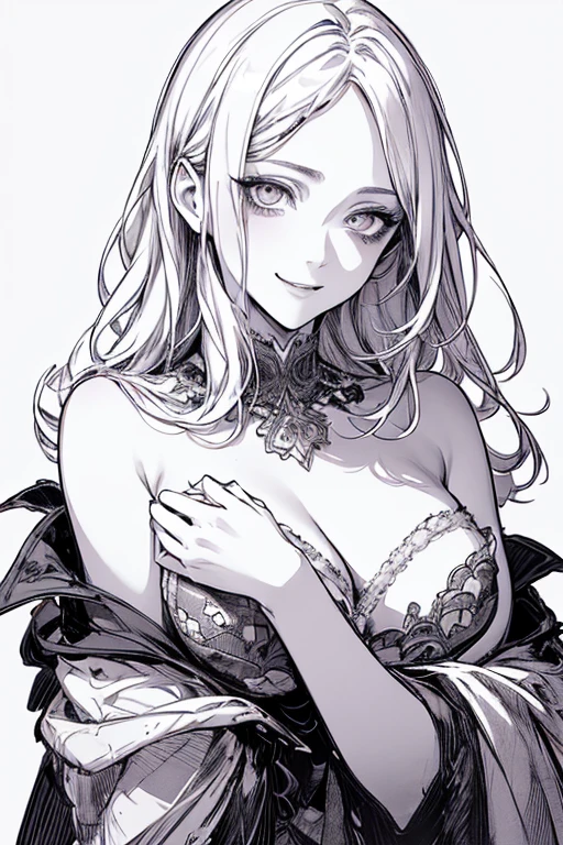 Best Quality, (Background Duplicate), High Contrast, Super Beautiful Girl, Original Illustration Detail, Sensual, Delicate Face, Charming, Awesome Ambiance, Sexy, Real Breasts, Crazy Smile, Crazy Eyes, Looking At Camera, (White Background:1.5), Beautiful Line Art, Monochrome