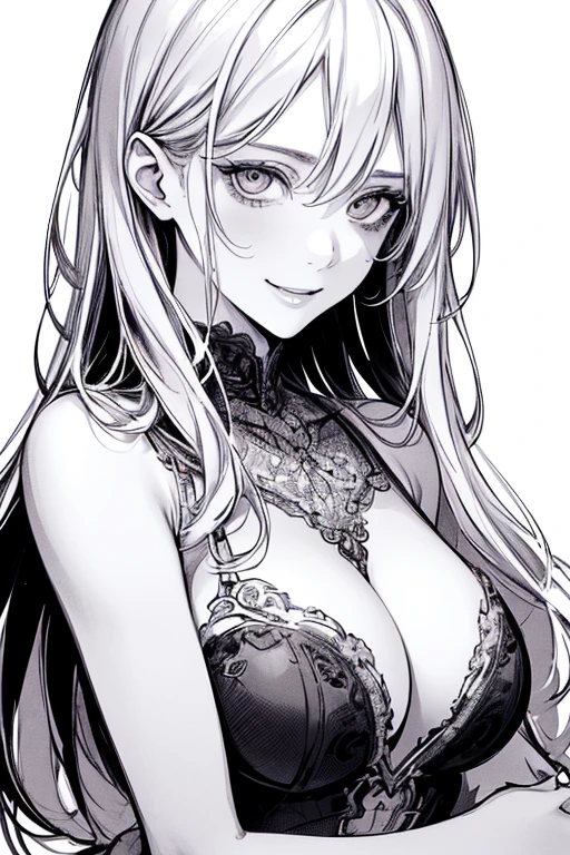 Best Quality, (Background Duplicate), High Contrast, Super Beautiful Girl, Original Illustration Detail, Sensual, Delicate Face, Charming, Awesome Ambiance, Sexy, Real Breasts, Crazy Smile, Crazy Eyes, Looking At Camera, (White Background:1.5), Beautiful Line Art, Monochrome