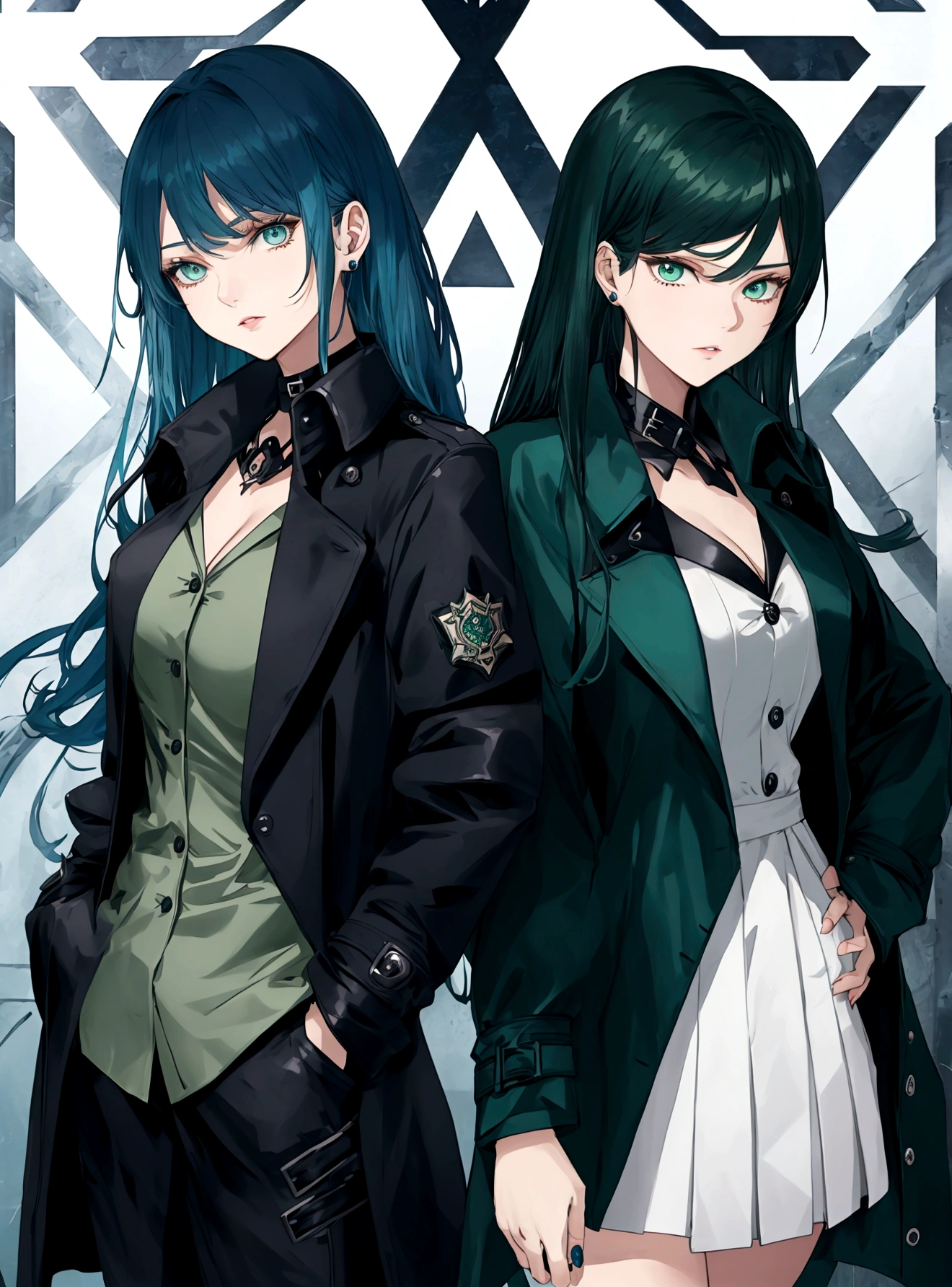 Poker face,Hands in pockets,Exquisite facial features,Blue Hair，Green Eyes，Young women，Black trench coat