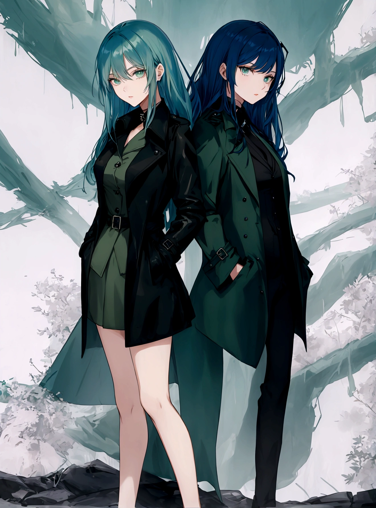 Poker face,Hands in pockets,Exquisite facial features,Blue Hair，Green Eyes，Young women，Black trench coat