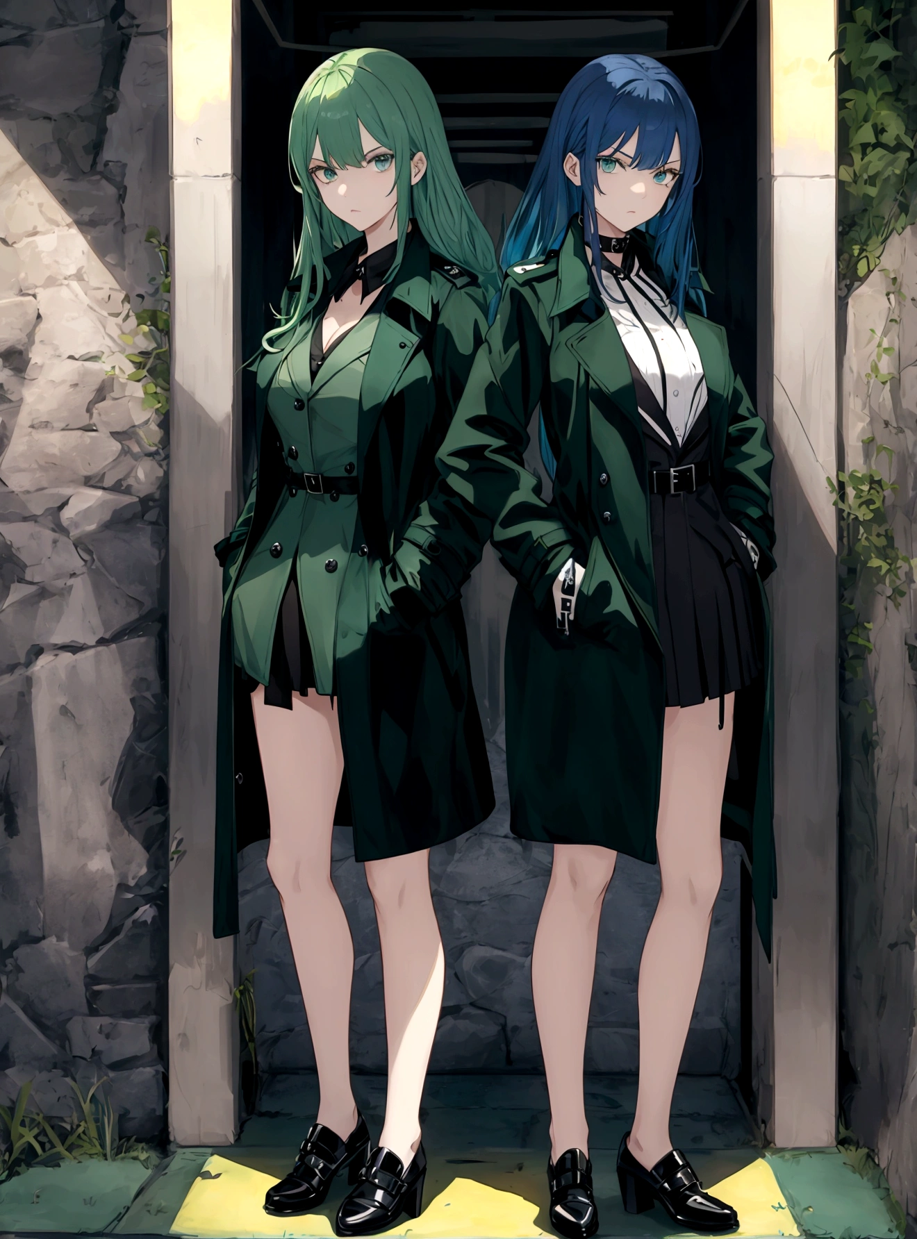 Poker face,Hands in pockets,Exquisite facial features,Blue Hair，Green Eyes，Young women，Black trench coat