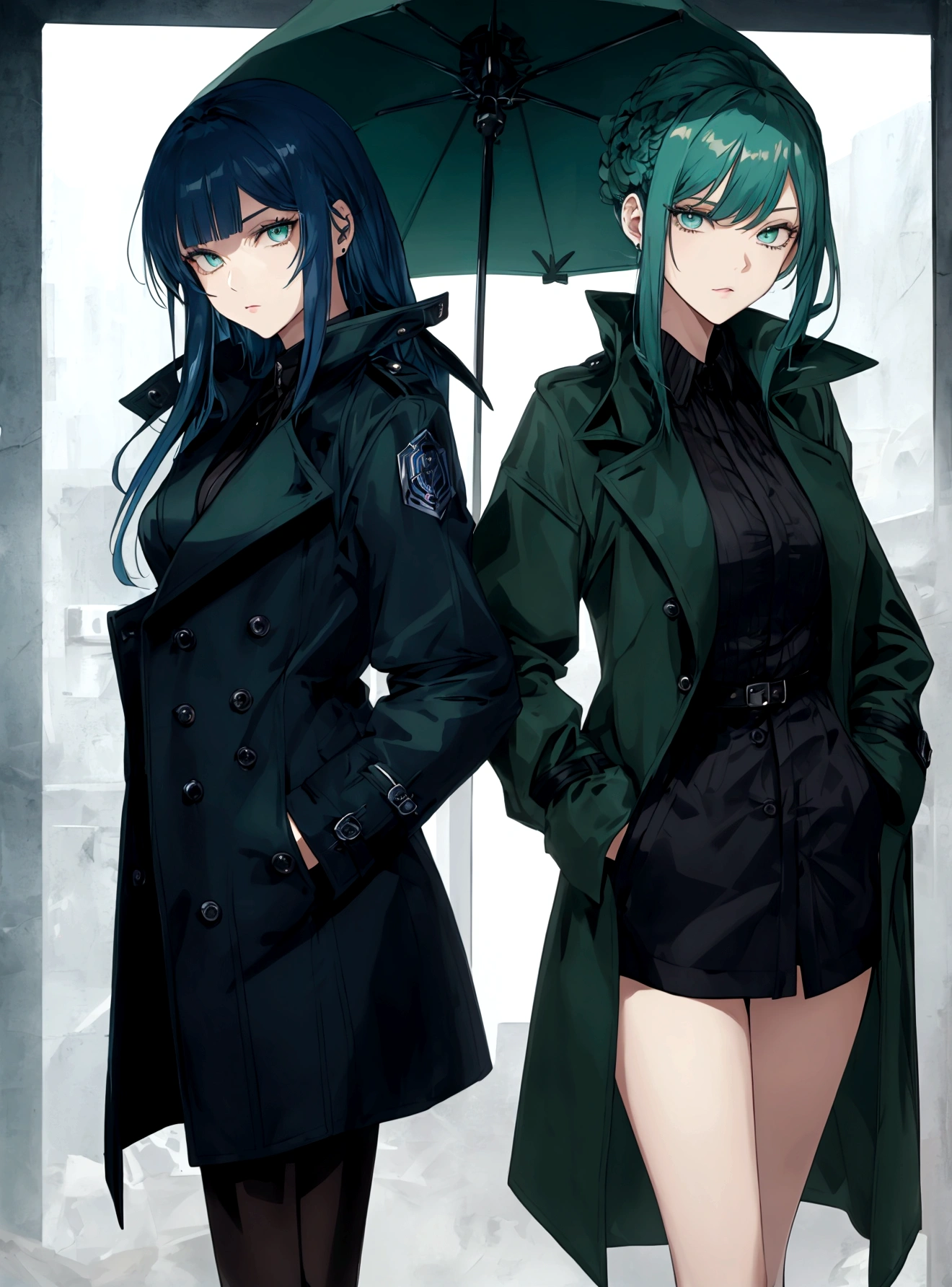 Poker face,Hands in pockets,Exquisite facial features,Blue Hair，Green Eyes，Young women，Black trench coat