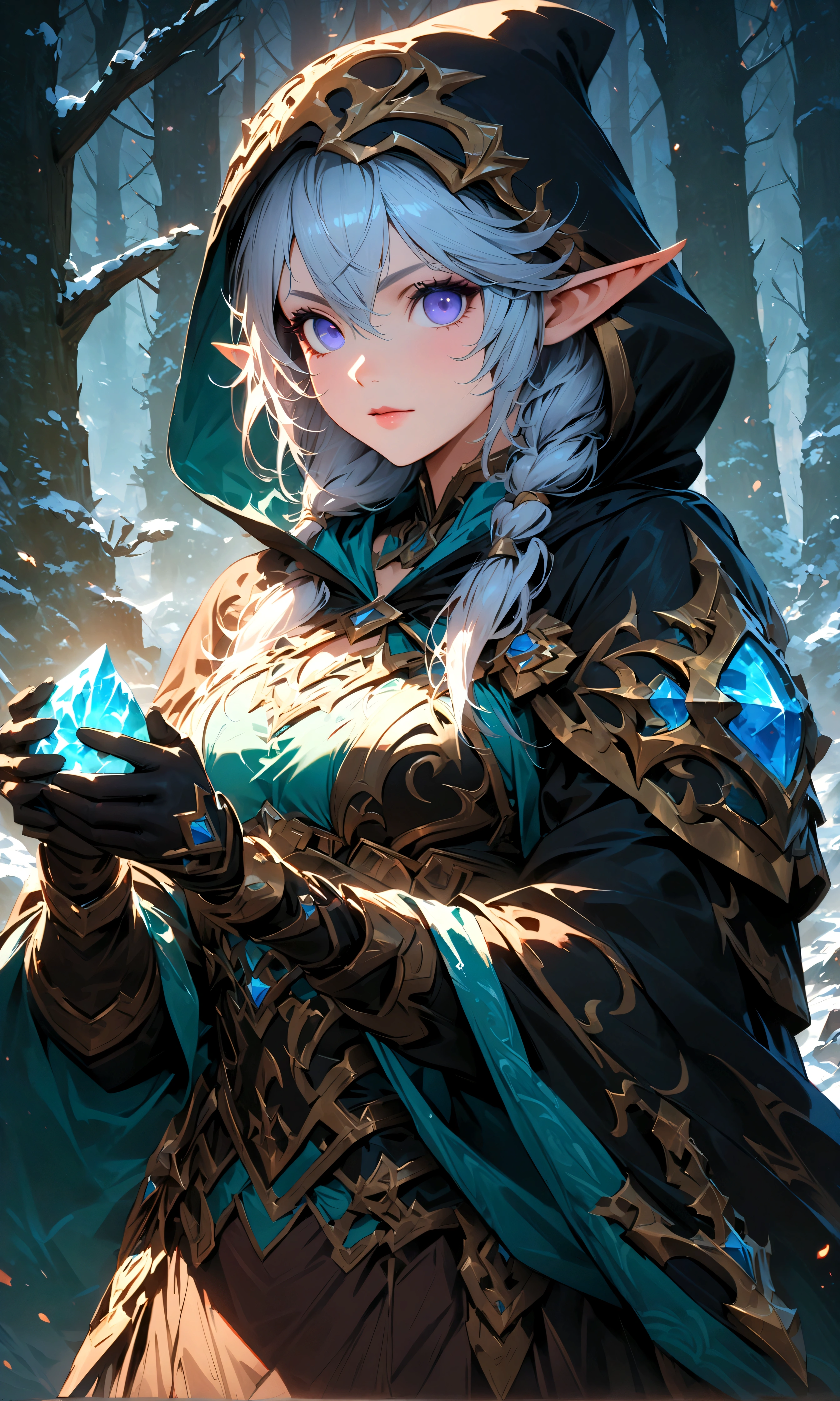 (Ashe: the Frost Archer,Characters appearing in League of Legends,female elf warrior with a bow),nordic forest background,black hooded cloak,BREAK,have a bow in hand,structurally correct,BREAK,(masterpiece:1.3),(highest quality:1.4),(ultra detailed:1.5),High resolution,extremely detailed,unity 8k wallpaper