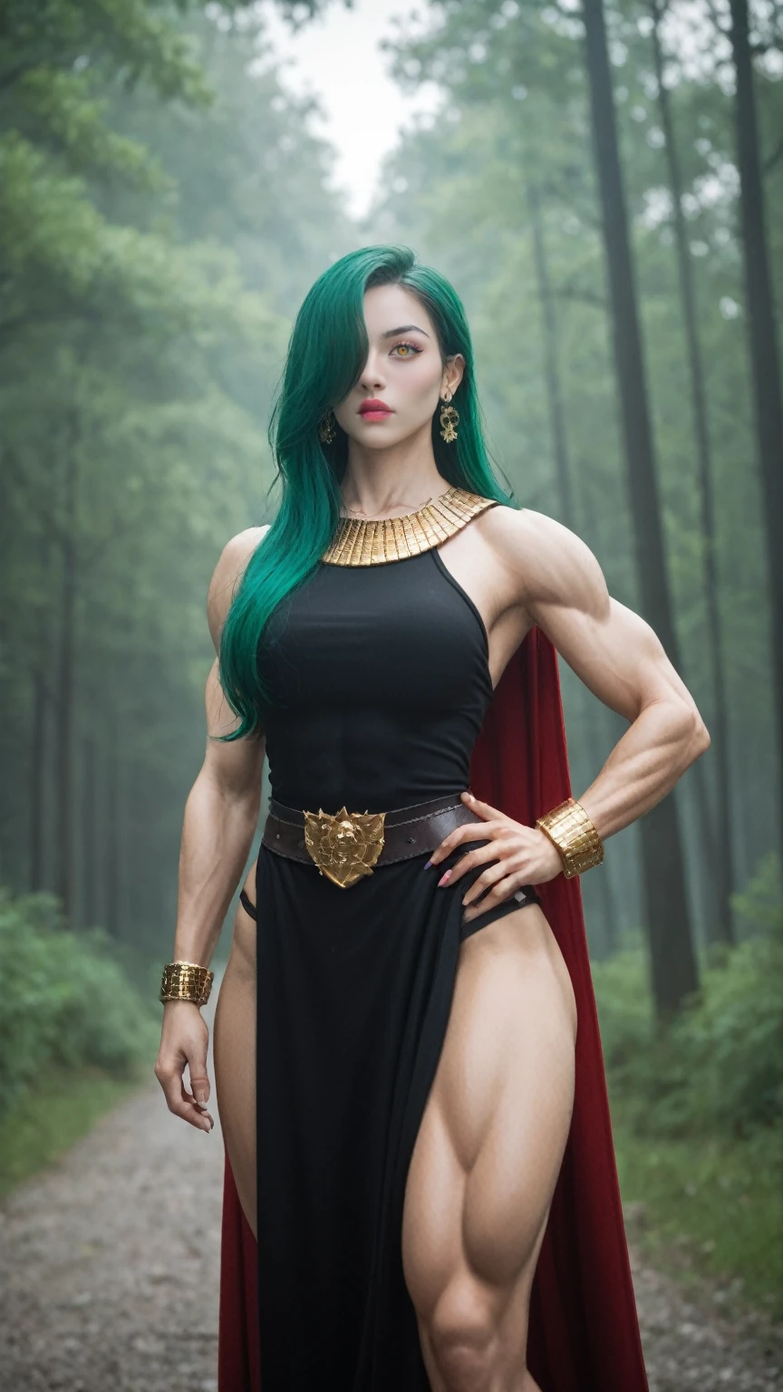 score_9, score_8_up, score_7_up, BREAK,
((1girl, solo ,alone, long hair, green hair, yellow eyes, hair covering one eye, woman, (one hand on her hip) , dynamic pose, muscular female, gold bracelets, ruby earrings)), fitness, ((solo, (1woman, pink lipstick), Extremely detailed, ambient soft lighting, 4k, perfect eyes, a perfect face, perfect lighting, a 1girl)), ((fitness, , shapely body, athletic body, toned body)), ((woman warrior, black armor, black knight, gauntlets, leg armor, breastplate armor, black and red cape, black cloak, red detail, armor with red details, walking in the fog, mist, shadowy forest, dead trees, branches, flames))