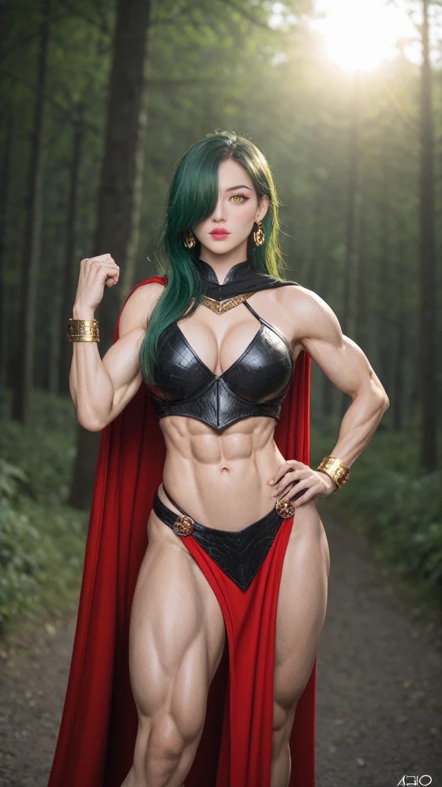 score_9, score_8_up, score_7_up, BREAK,
((1girl, solo ,alone, long hair, green hair, yellow eyes, hair covering one eye, woman, (one hand on her hip) , dynamic pose, muscular female, gold bracelets, ruby earrings)), fitness, ((solo, (1woman, pink lipstick), Extremely detailed, ambient soft lighting, 4k, perfect eyes, a perfect face, perfect lighting, a 1girl)), ((fitness, , shapely body, athletic body, toned body)), ((woman warrior, black armor, black knight, gauntlets, leg armor, breastplate armor, black and red cape, black cloak, red detail, armor with red details, walking in the fog, mist, shadowy forest, dead trees, branches, flames))