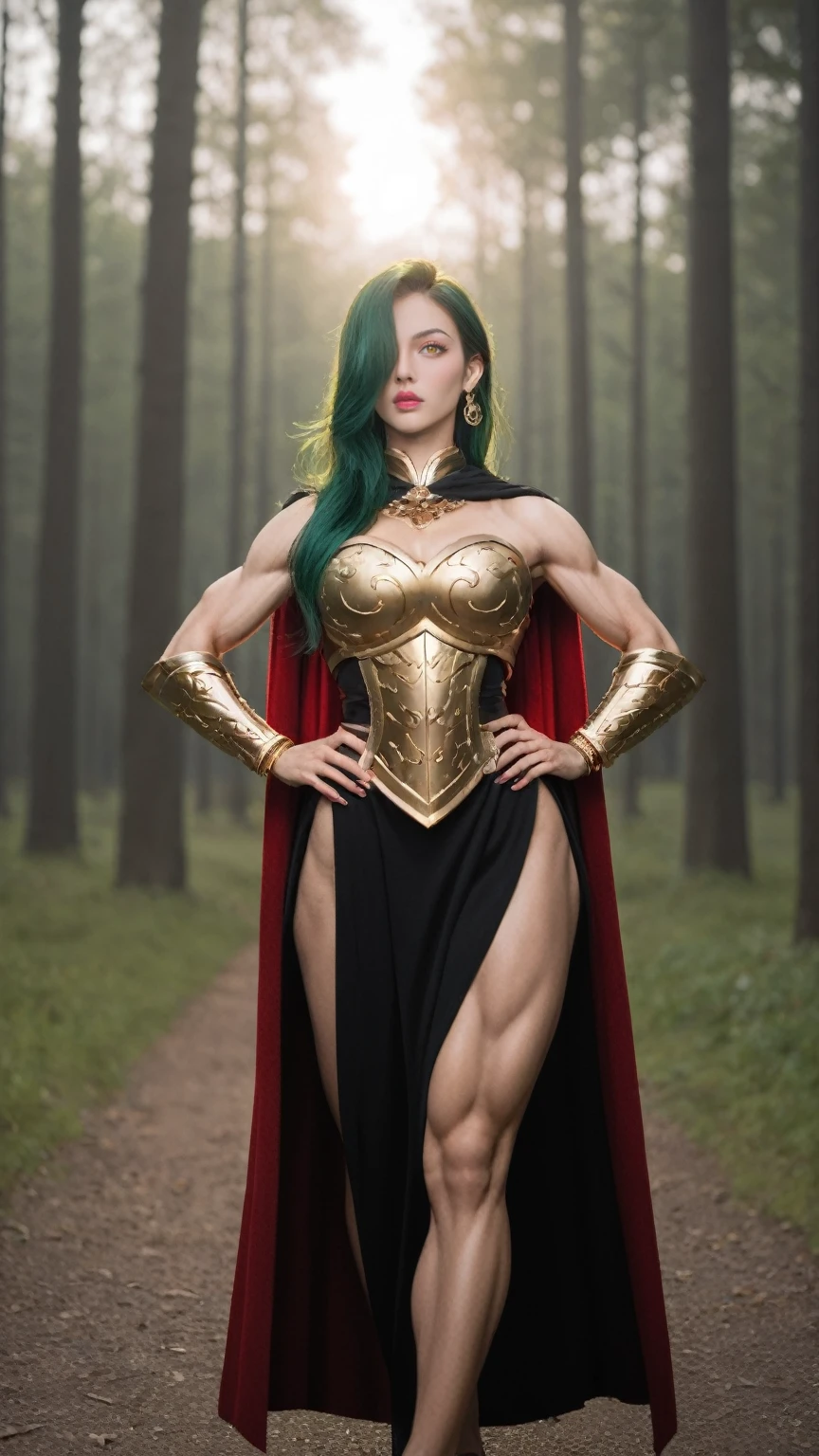 score_9, score_8_up, score_7_up, BREAK,
((1girl, solo ,alone, long hair, green hair, yellow eyes, hair covering one eye, woman, (one hand on her hip) , dynamic pose, muscular female, gold bracelets, ruby earrings)), fitness, ((solo, (1woman, pink lipstick), Extremely detailed, ambient soft lighting, 4k, perfect eyes, a perfect face, perfect lighting, a 1girl)), ((fitness, , shapely body, athletic body, toned body)), ((woman warrior, black armor, black knight, gauntlets, leg armor, breastplate armor, black and red cape, black cloak, red detail, armor with red details, walking in the fog, mist, shadowy forest, dead trees, branches, flames))