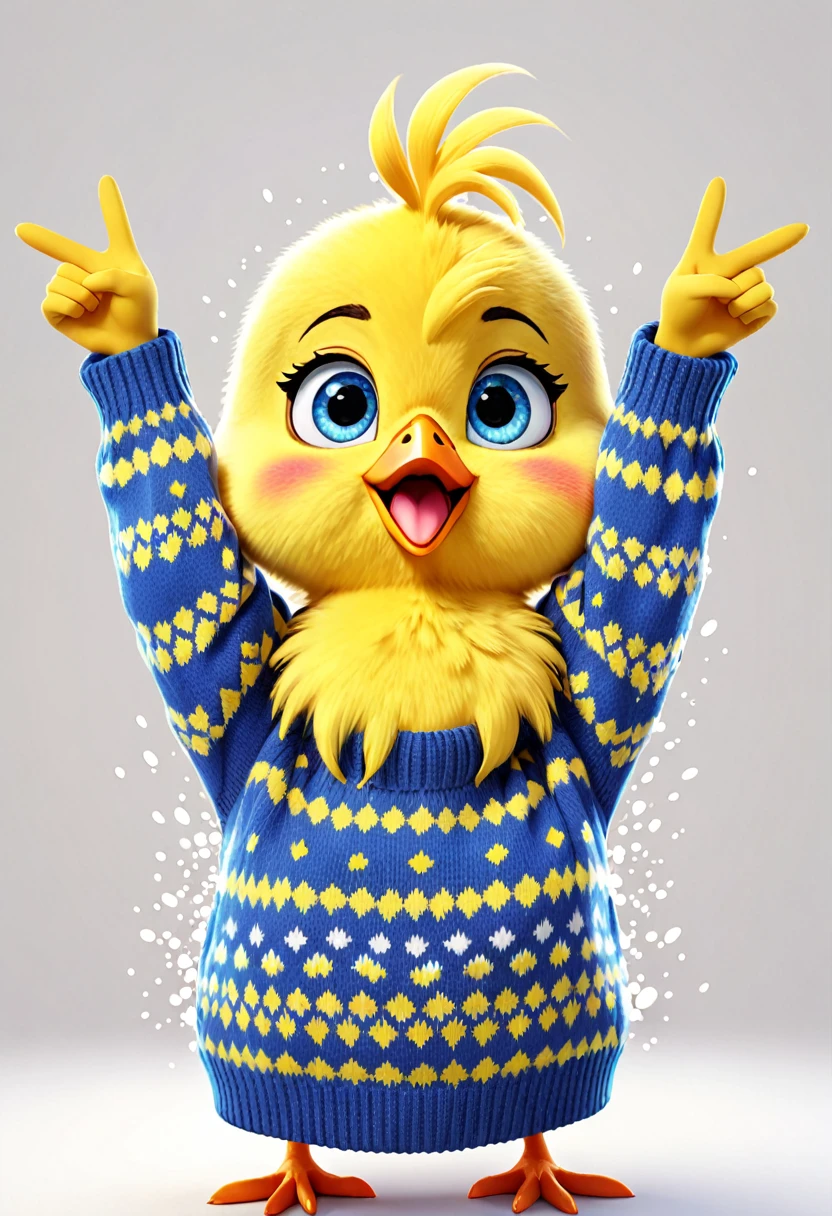 cute yellow chick, cartoon,arms, hands ,cute eyes, looking at viewer, arms up, effects background, particles, random, white background, blue eyes, sweater