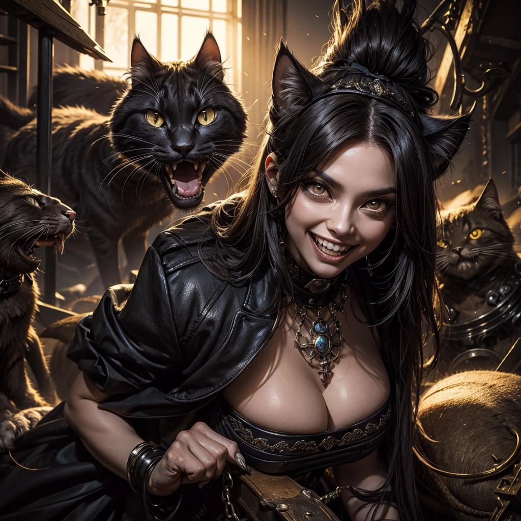 A disturbing woman with cat's eyes and a smile with a wide mouth and pointed teeth, in the background a funereal environment