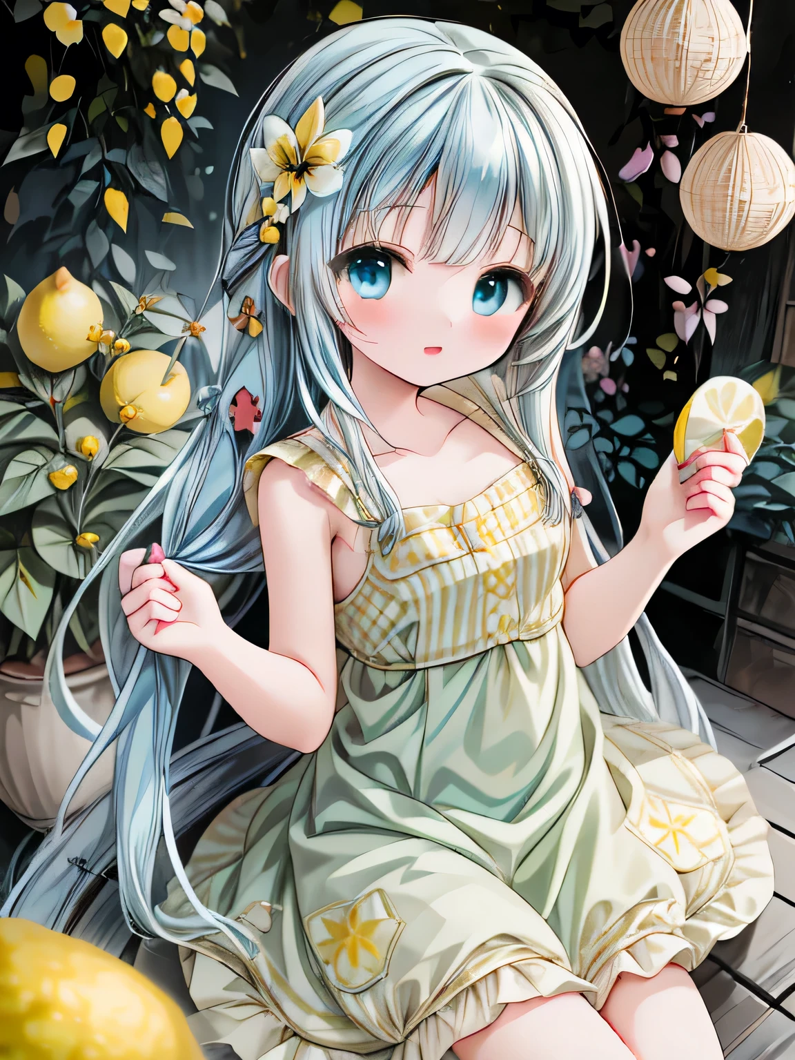 masterpiece, best quality, extremely detailed, (illustration, official art:1.1),adorable loli face、 1 girl ,(((( light blue long hair)))),pale blue hair,loli, long hair ((blush)) , cute face, big eyes, masterpiece, best quality,(((((a very delicate and beautiful girl))))),Amazing,beautiful detailed eyes,blunt bangs((((little delicate girl)))),tareme(true beautiful:1.2), sense of depth,dynamic angle,,,, affectionate smile, (true beautiful:1.2),,(tiny 1girl model:1.2),)flat chest、(((Lemon bouquet))),anime girl with long blonde hair holding a bunch of lemons, in dress, rin, a maid in a magical forest, splash art anime , , anime visual of a cute girl, marin kitagawa fanart, cute anime waifu in a nice dress, beautiful sunflower anime girl, made with anime painter studio,