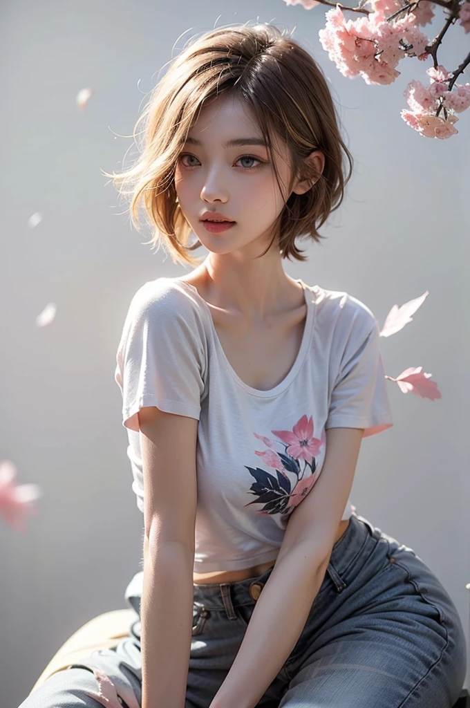 Light yellow hair, blue eyes, pink and white, sakura leafs, vivid colors, Short grey T-shirt, paint splash, simple background, ray tracing, wolf cut hair, beautiful breast