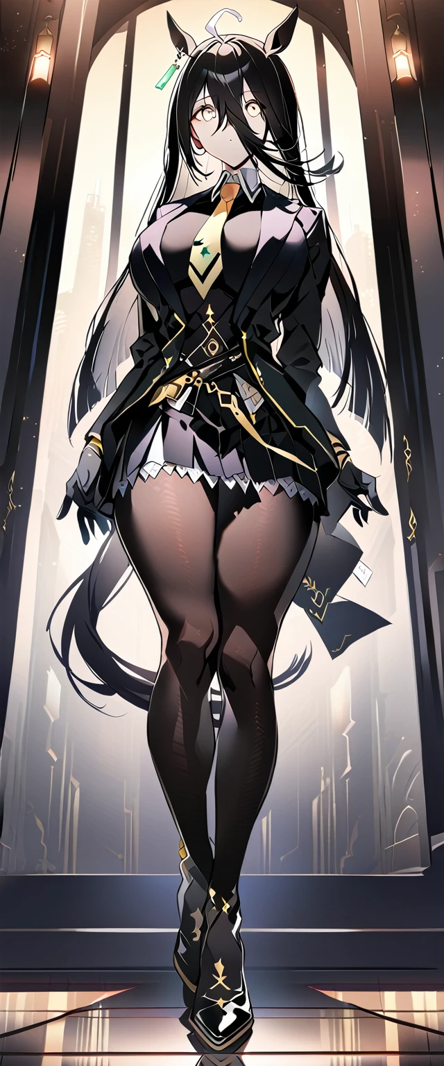 (full body),masterpiece, Highest quality, One Girl, alone, Manhattan Cafe, Expressionless, Show Viewer, Ahoge, Black jacket, shirt, tie, Black gloves, skirt, pantyhose, Single earring, Horse tail,Hair between the eyes, Thick thighs，Big Breasts，