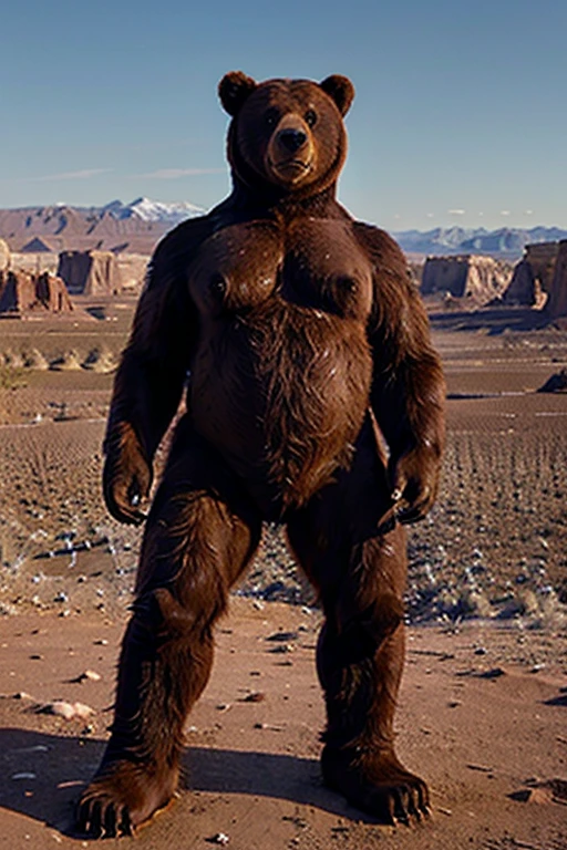 ((A humanoid bear is standing looking up)), frozen ground and desert scenery, no trees there are no plants on this planet.