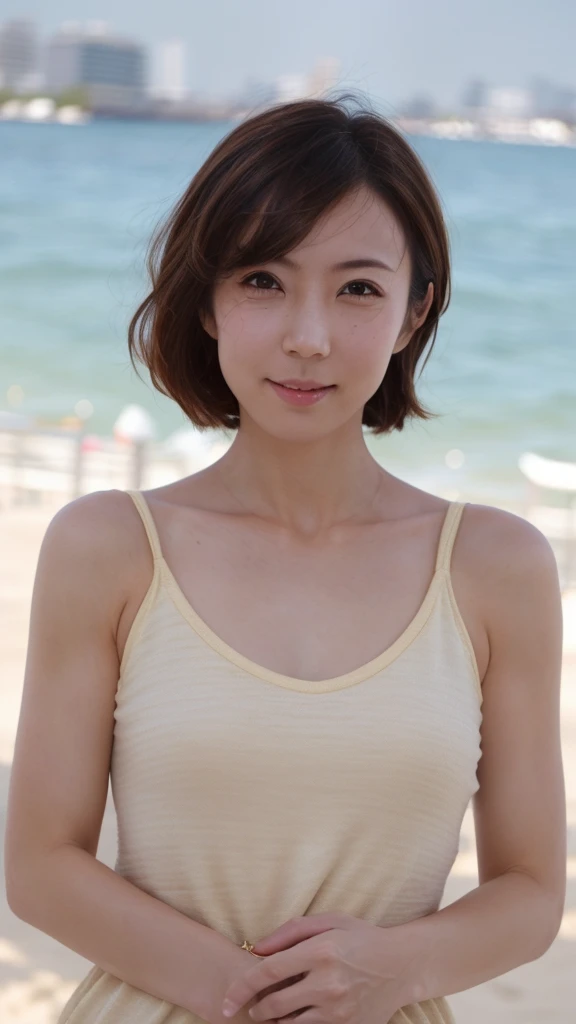 ((Highest quality)), ((8K)), ((masterpiece: 1.3)), (Perfect appearance), (Photorealism: 1.6), (一人のwomanが立っている), (A sandy beach lit by the dazzling morning sun), (The sea sparkling in the morning sun), (Calm sea without waves), (AIF), (woman: 1.6), (Blurred Background: 1.8),日本人woman1人: 1.6), 36 years old, ((Realistic skin texture)), (Fine wrinkles appear all over the skin: 0.8), (Dullness: 1.1), (Moisturized Skin: 1.2) , (Facial wrinkles: 0.9), (Wrinkles around the eyes: 1.2), double eyelid, Lower eyelid tear sulcus, Eyes on you, Serious expression, (Dimples: 1.2), Short bangs, (Short Wavy Hair: 1.2), (Messy Hair), (Hair blowing violently in the wind: 1.4), Laugh with the corners of your mouth turned up, Completely naked, (Armpit Hair), (Small breasts), (Saggy breasts), (Flaky, saggy breasts), (Rough and casual clothing), barefoot, (Focus on the upper body: 1.4),